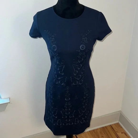 Brooks Brothers | Dresses | Brooks Brothers Petite Dark Blue Embroidered  Fit Sheath Bodice Cap Sleeves Dress | Poshmark